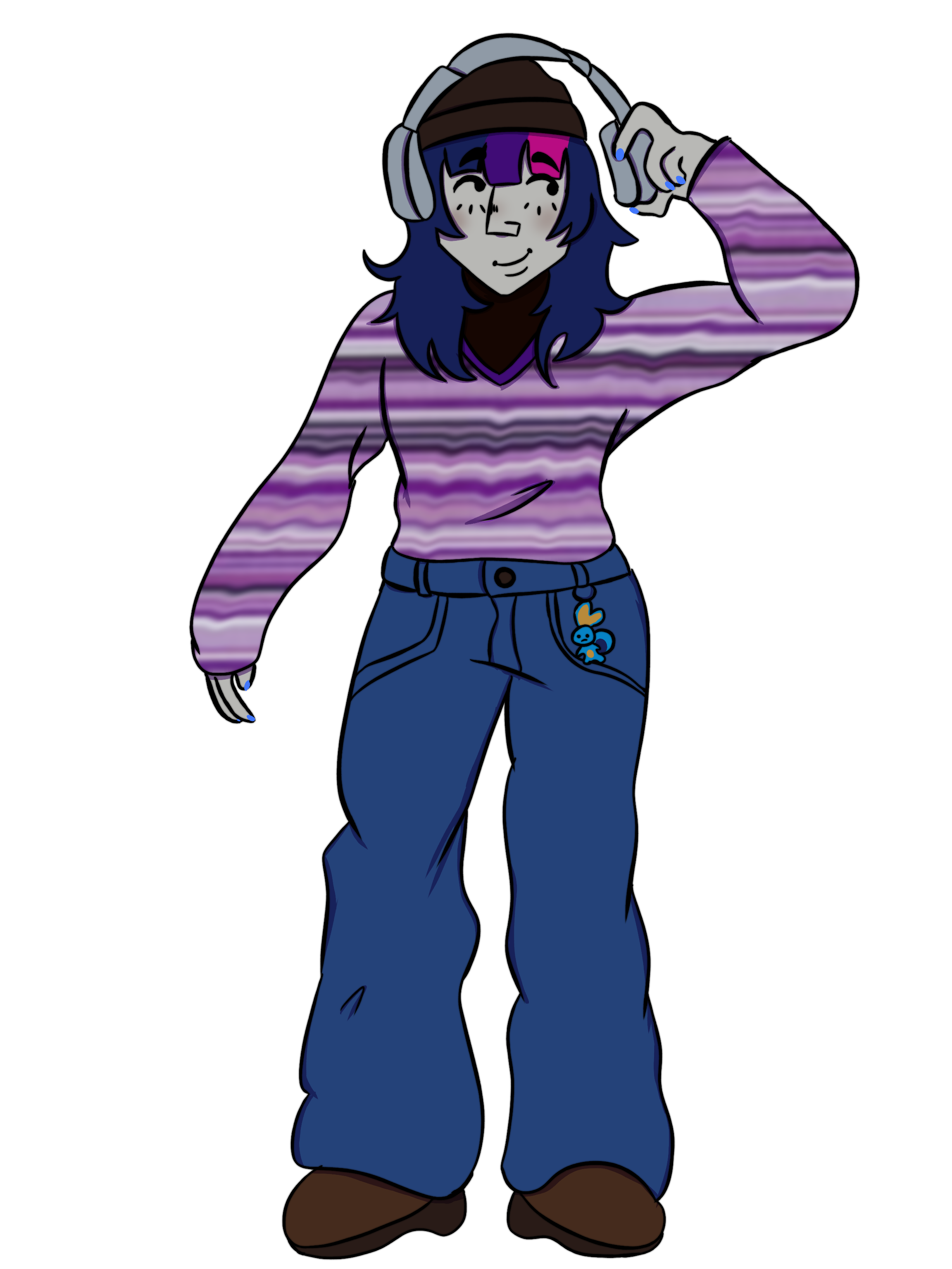 2000s self potrait of a person with long blue hair, with bangs colored pink and purple. they are wearing casual clothing and have a keychain of sobble from pokemon hanging off their belt